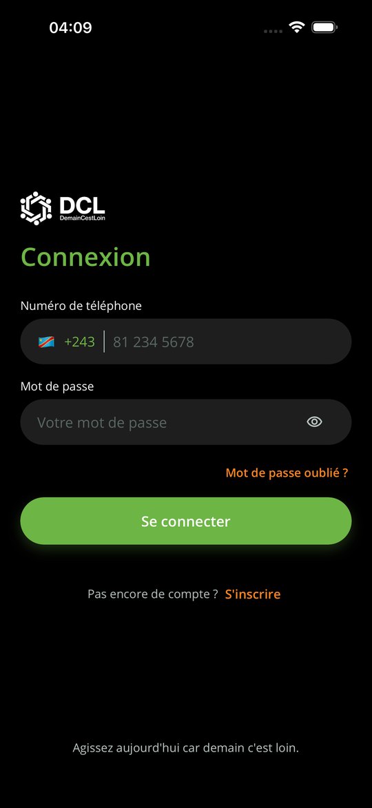 Écran de connexion de l'application DCL