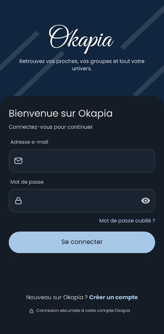 Écran de connexion de l'application Okapia